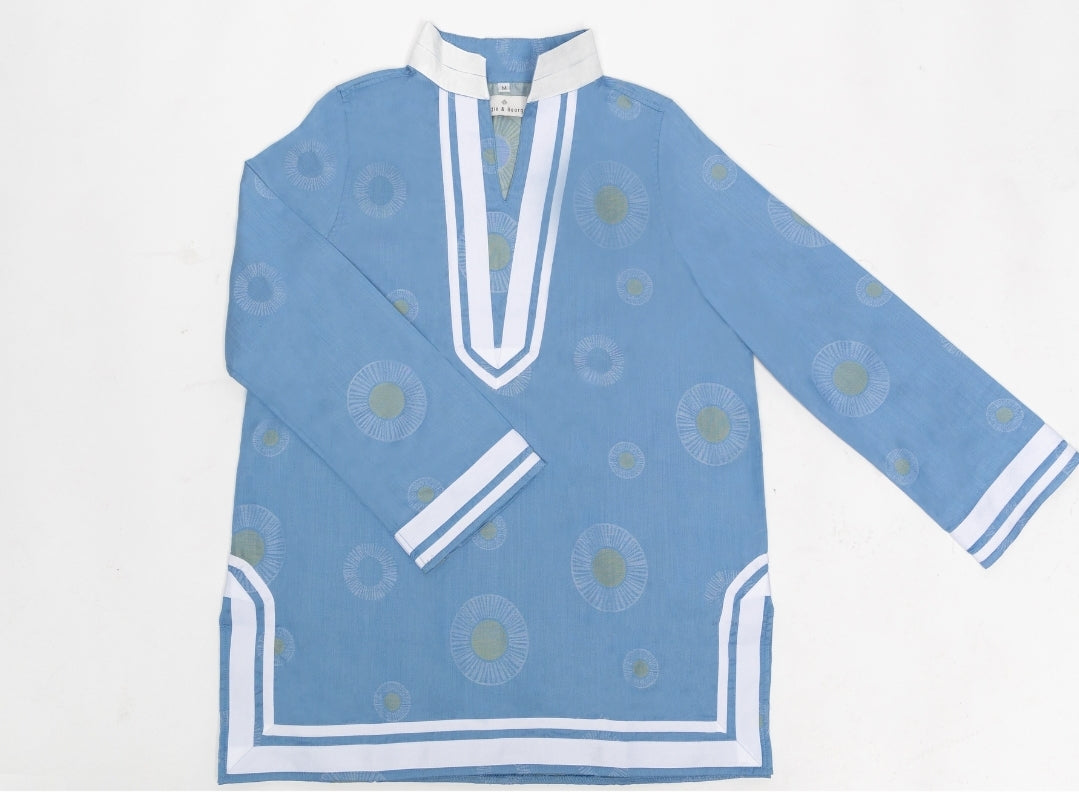 lt blue; tunic with white trim & collar.  Gold circles