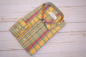 Royal Kente pattern. Woven jacquard. 100% soft cotton.Tab collar with breast pocket, long-sleeved shirt.