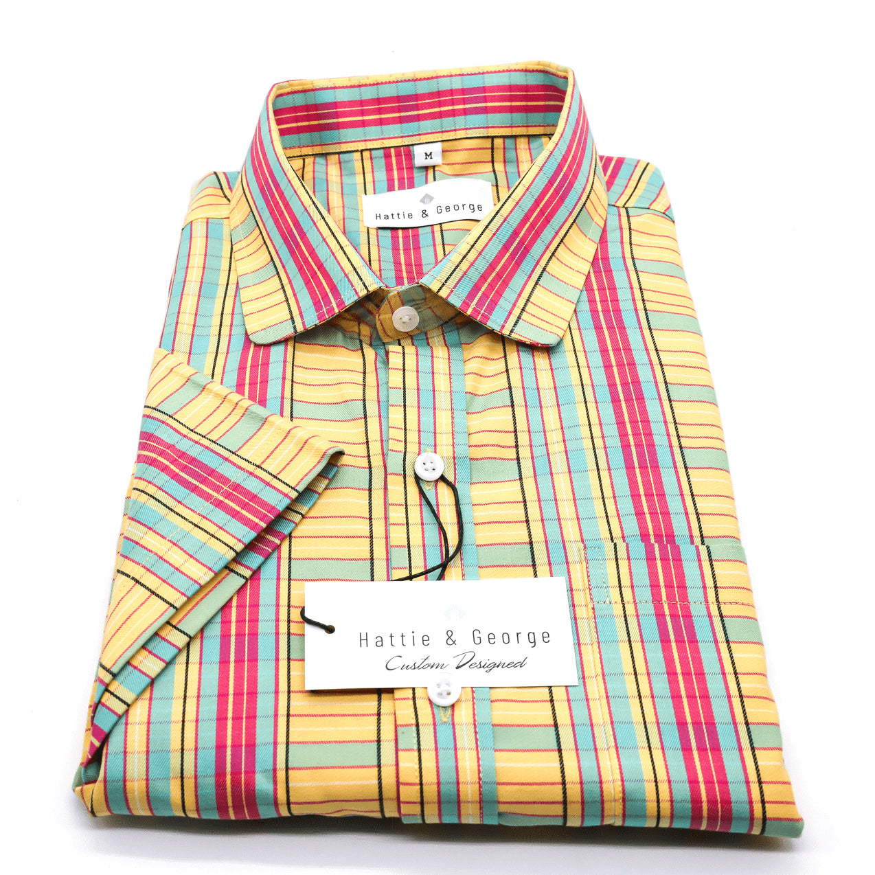 marigold/green;Royal Kente pattern. Woven jacquard. 100% soft cotton.Tab collar with breast pocket, short-sleeved shirt.